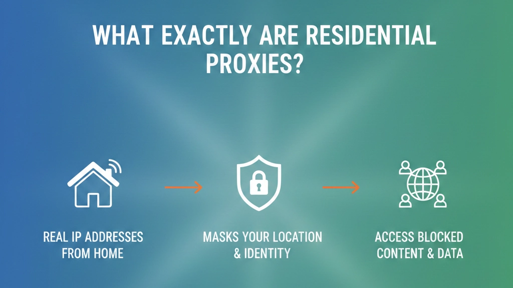 Diagram illustrating how residential proxies route internet traffic through real residential IP addresses.