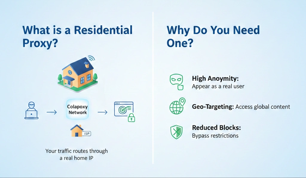 A conceptual diagram illustrating what a residential proxy is and how it routes traffic through a real home IP address.