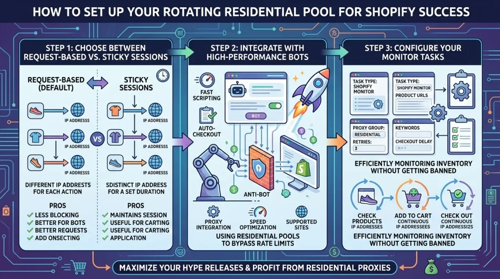 Shopify rotating residential proxy setup dashboard guide featuring ColaProxy integration for ecommerce success