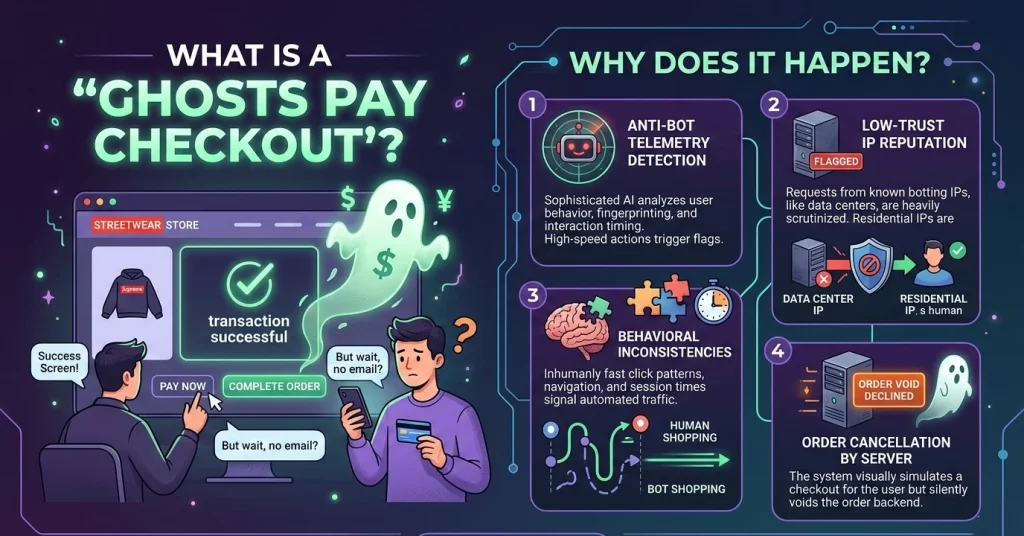 Ghost-themed digital payment checkout interface showing subscription or service purchase