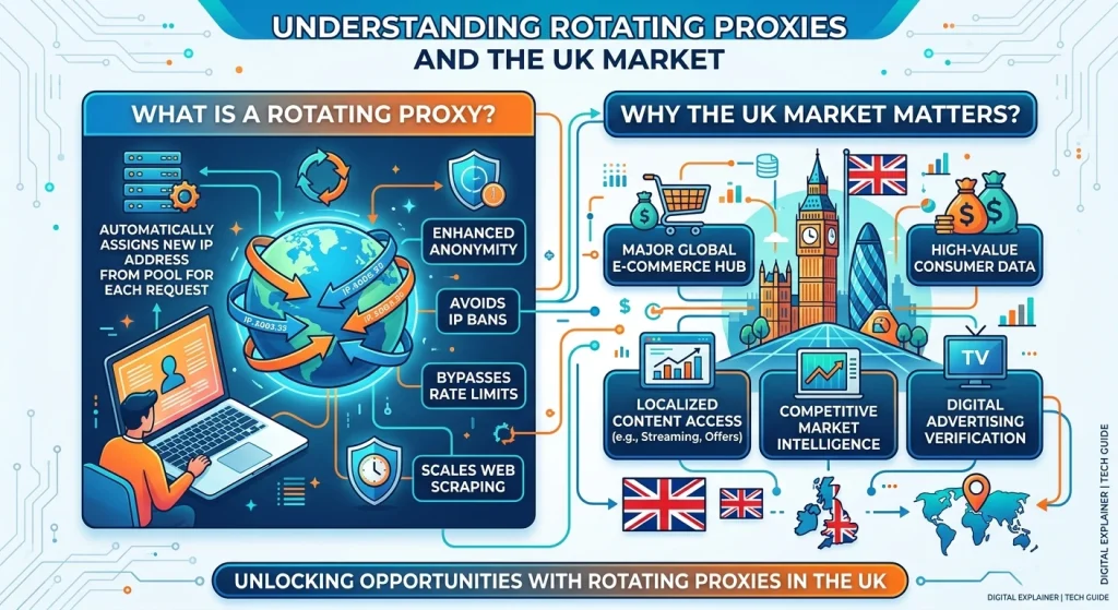 Rotating Proxy Diagram Showing IP Address Rotation Process