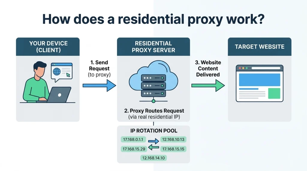 What is a residential proxy? Diagram showing how residential IPs route traffic through real devices