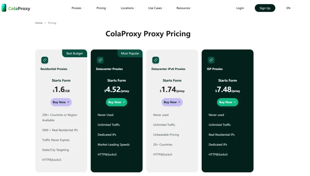 ColaProxy residential and mobile proxy solutions pricing table