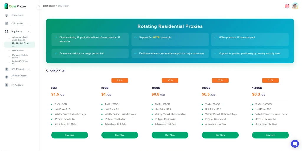 ColaProxy rotating residential proxies dashboard interface for Shopify dropshipping