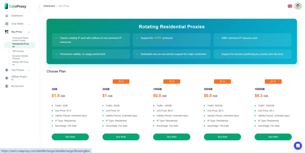 ColaProxy rotating residential proxy price dashboard interface