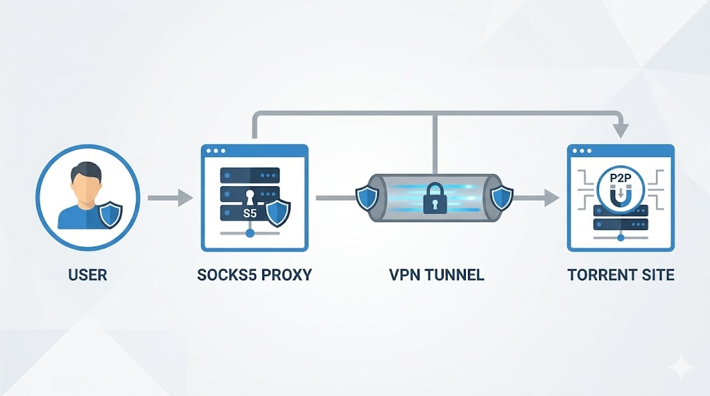 SOCKS5 proxy combined with VPN torrent workflow diagram