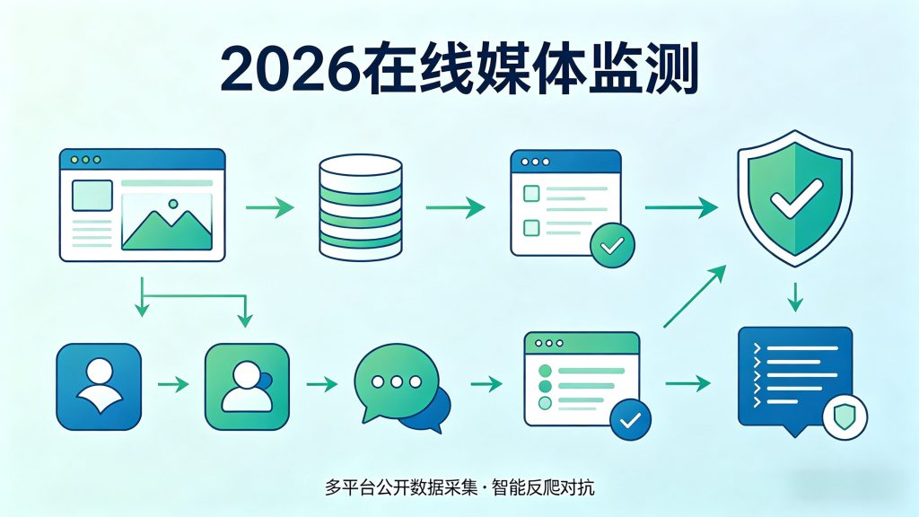2026在线媒体监测流程示意图，展示多平台公开数据采集、存储、验证与反爬对抗机制
