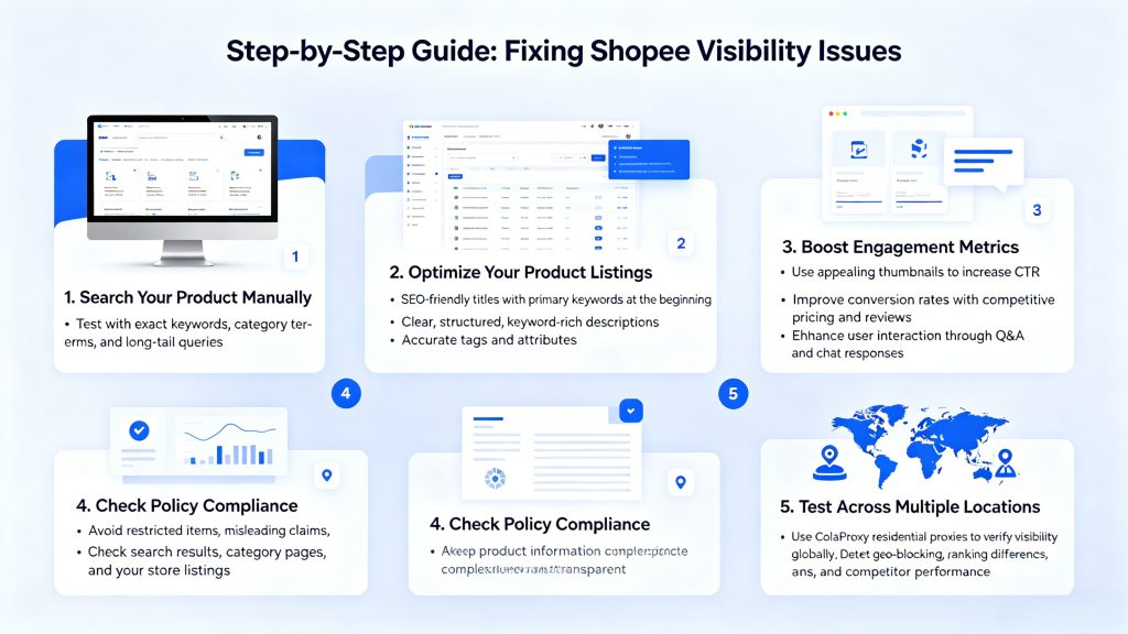 Shopee visibility issues troubleshooting banner, step-by-step guide to optimize product listing, boost engagement and test cross-region visibility with residential proxies