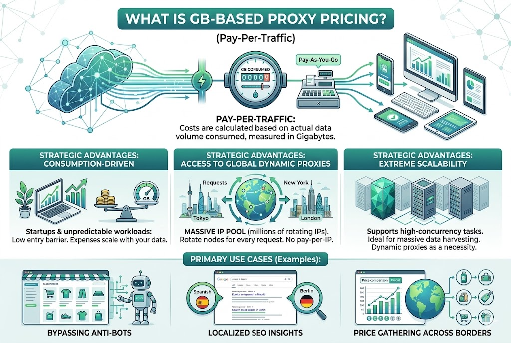 Infographic explaining GB-based proxy pricing and its advantages for residential proxy solutions.
