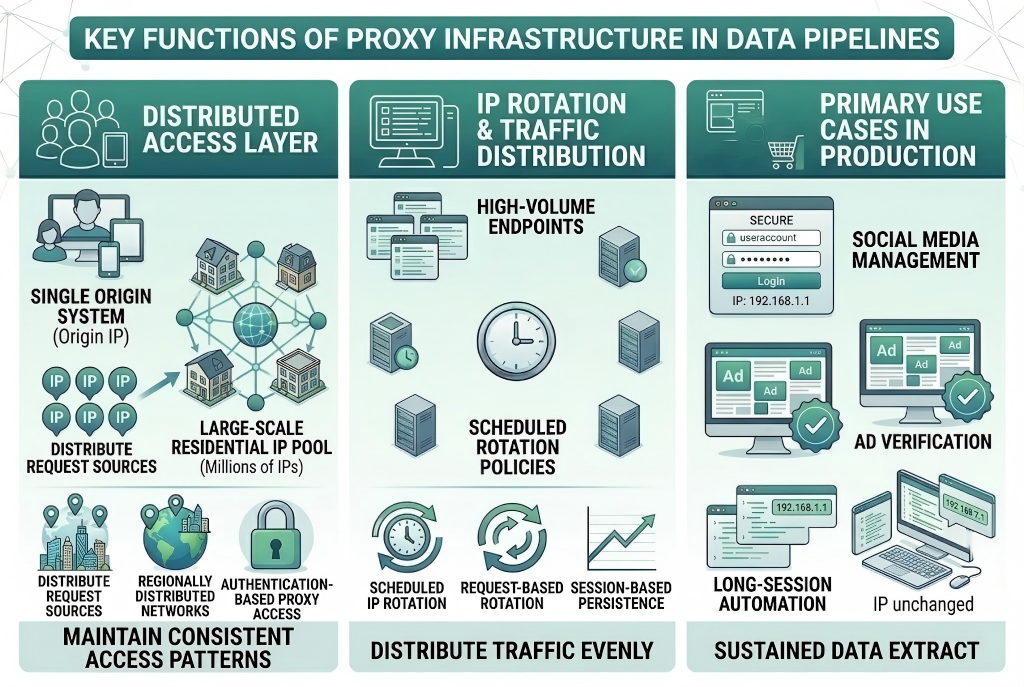 Visual guide to proxy infrastructure functions, including IP rotation, traffic distribution, and regional access for data pipelines.