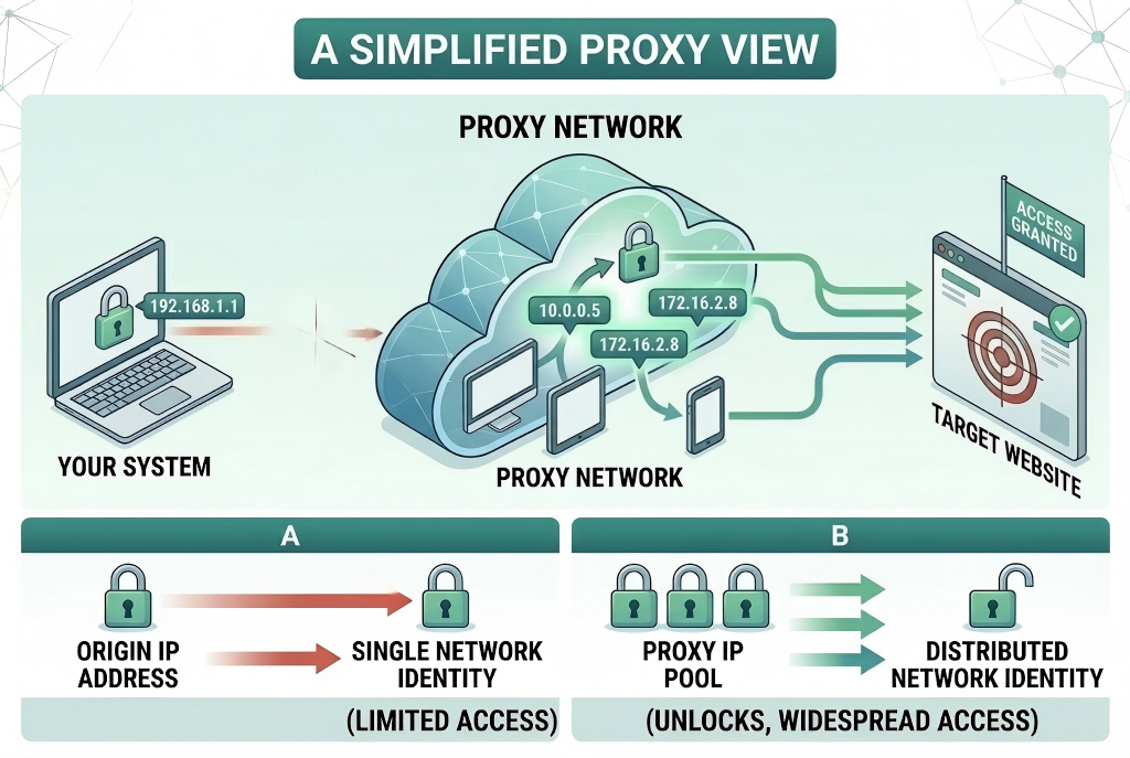 代理解决方案如何将单一源 IP 转换为分布式网络身份以进行网页访问