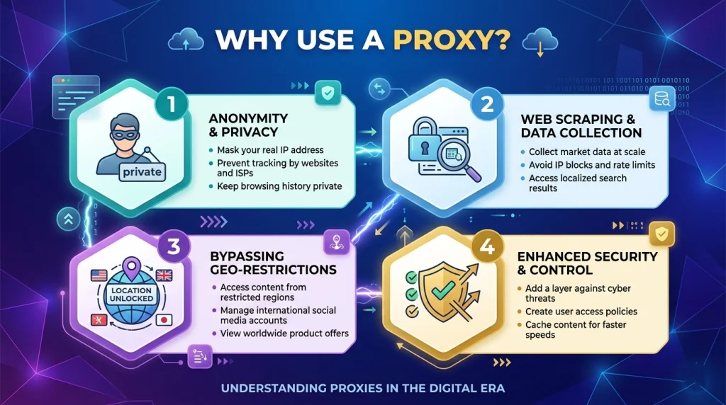 Why do people use proxies – infographic or illustration showing key reasons like privacy, security, and access