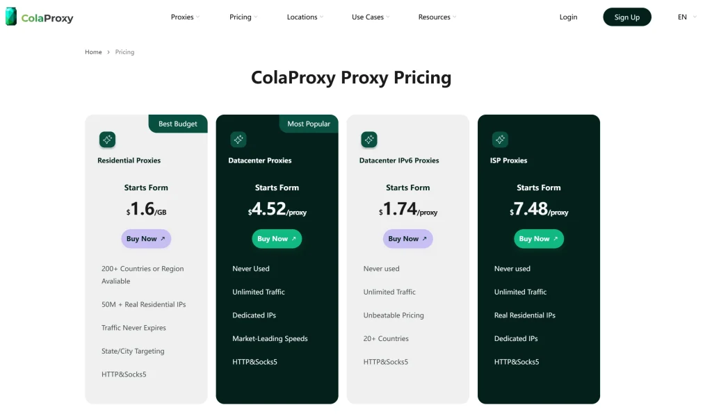 ColaProxy pricing for different proxy types