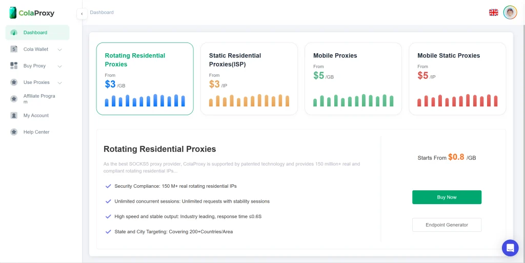 ColaProxy proxy service provider pricing plans