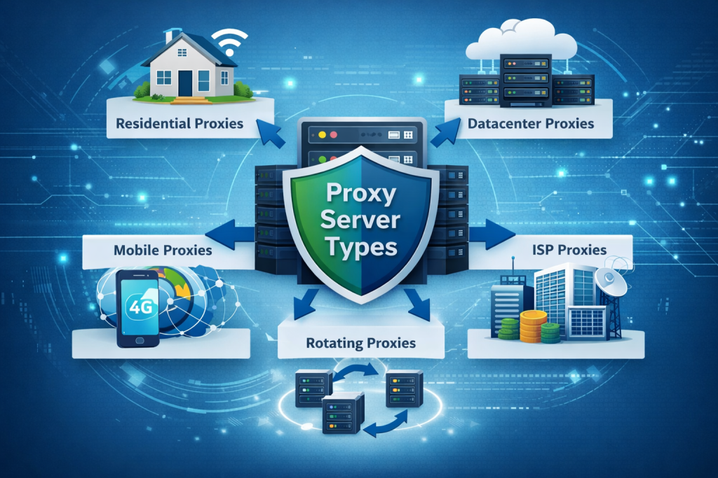 proxy server types diagram including residential proxies, datacenter proxies, mobile proxies, ISP proxies and rotating proxies