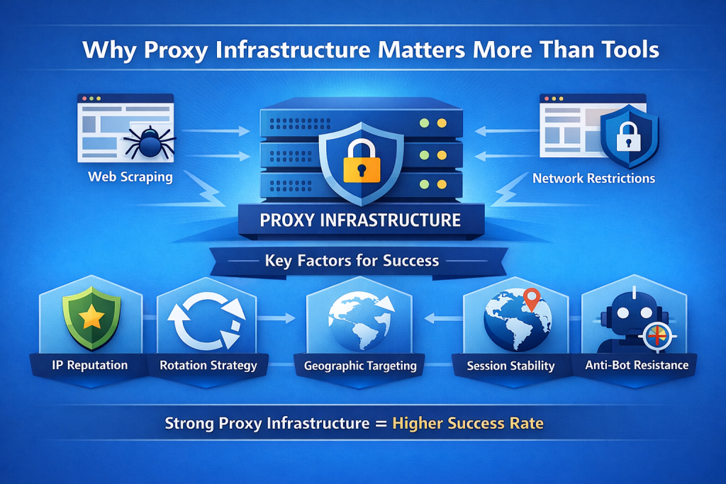 why proxy infrastructure matters more than tools with key factors like IP reputation, rotation strategy and anti-bot resistance
