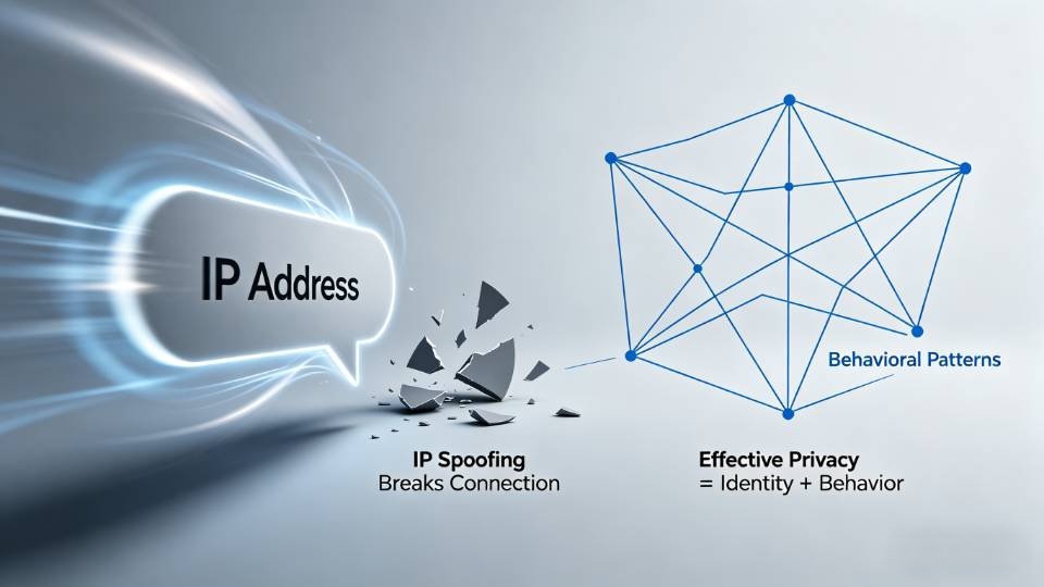 Infographic explaining why IP scramblers fail: IP spoofing breaks network connection, while modern tracking relies on behavioral patterns, showing that effective privacy requires separating identity and behavior.