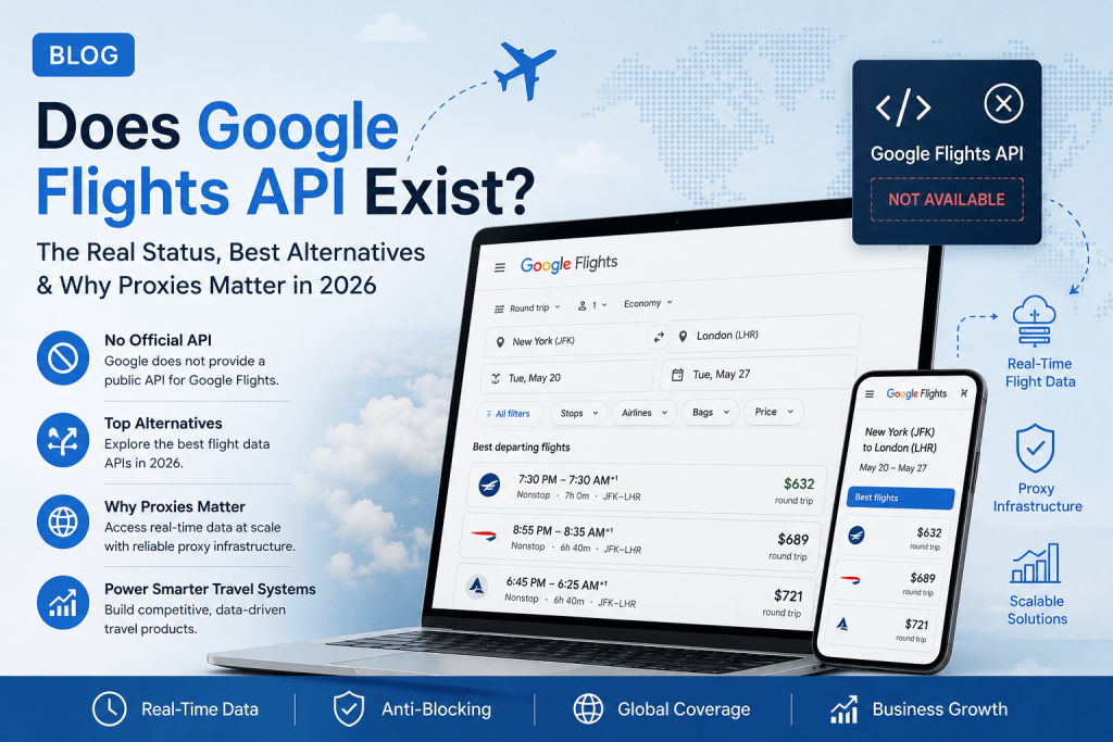 Modern blog cover about Google Flights API alternatives in 2026, featuring a laptop and smartphone displaying flight search results, aviation graphics, proxy infrastructure icons, and the headline “Does Google Flights API Exist?” with a blue technology-themed design.
