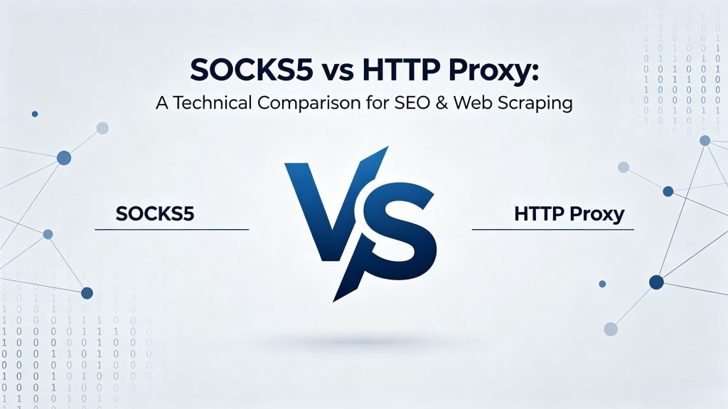 SOCKS5 vs HTTP Proxy technical comparison blog banner for SEO and web scraping, 2026 proxy network differences, IP reputation and web data extraction strategy illustration