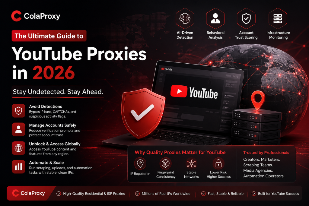 Professional YouTube Proxies in 2026 banner featuring ColaProxy residential and ISP proxies, AI-driven YouTube detection systems, account protection, automation, scraping, geo-unblocking, and secure global proxy infrastructure for creators, marketers, and media teams.