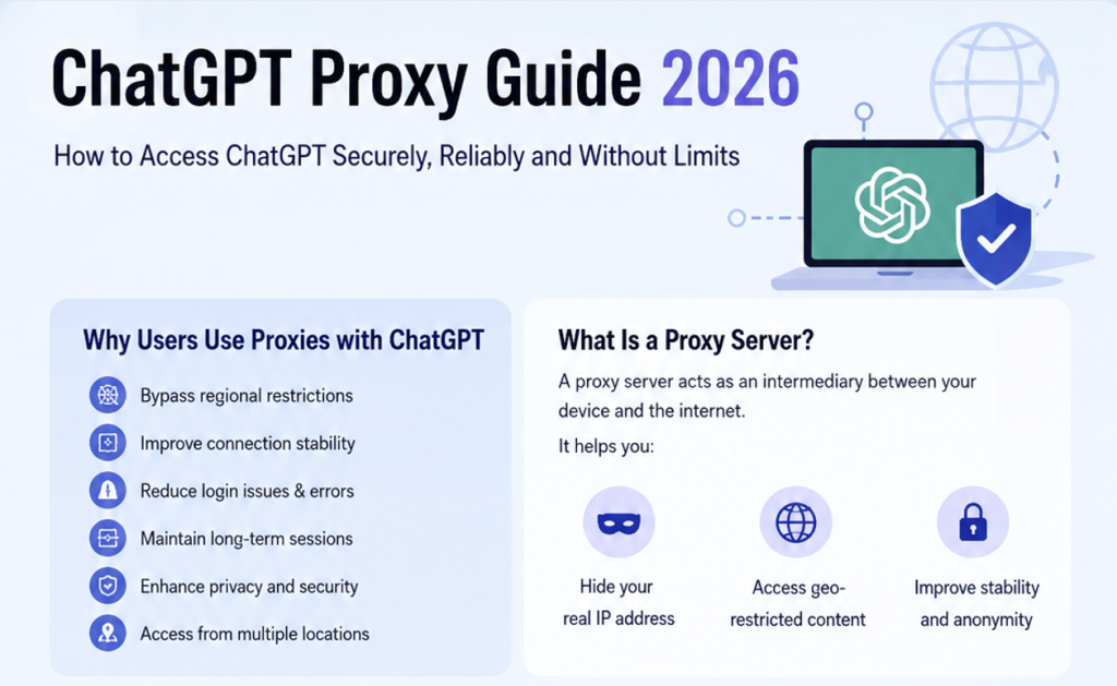 Residential proxies for ChatGPT help prevent login issues, maintain sticky sessions, and optimize AI automation workflows. Learn setup methods and best practices for stable ChatGPT access in 2026.