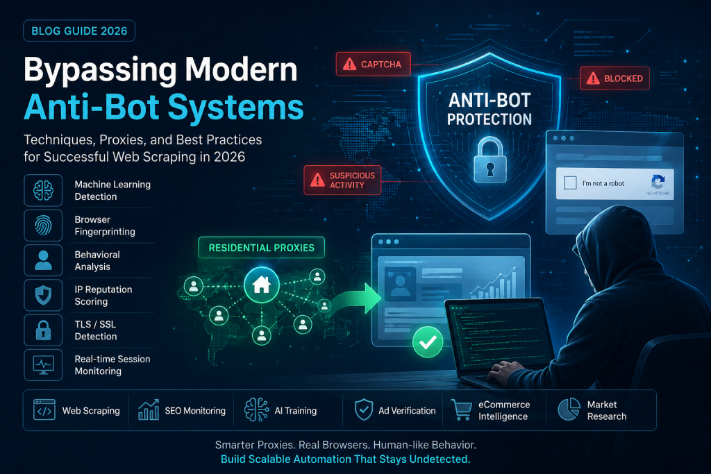 Modern anti-bot protection systems infographic showing CAPTCHA detection, browser fingerprinting, residential proxies, machine learning security analysis, and web scraping automation techniques in a futuristic cyber security environment for 2026.