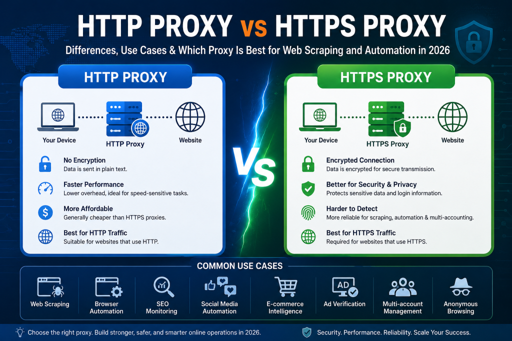 HTTP Proxy vs HTTPS Proxy comparison infographic showing differences in encryption, security, speed, and web scraping performance for browser automation, SEO monitoring, cybersecurity, and online data collection in 2026.