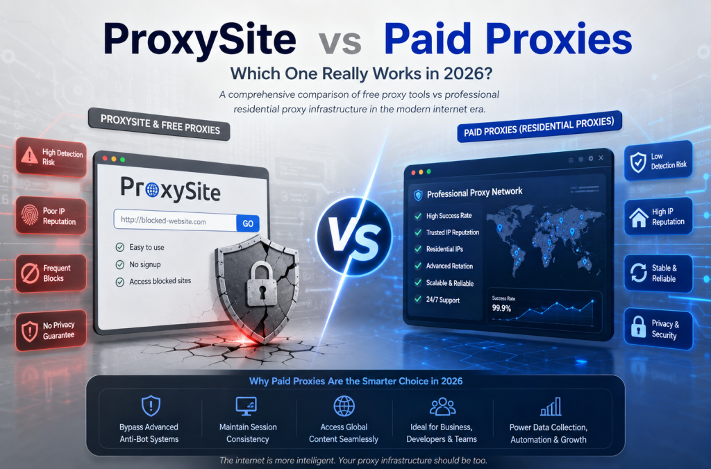 Comparison infographic showing ProxySite vs paid residential proxies in 2026, highlighting differences in IP reputation, detection risk, privacy, stability, anti-bot bypass capabilities, and professional proxy infrastructure for scalable web scraping, SEO monitoring, and automation.