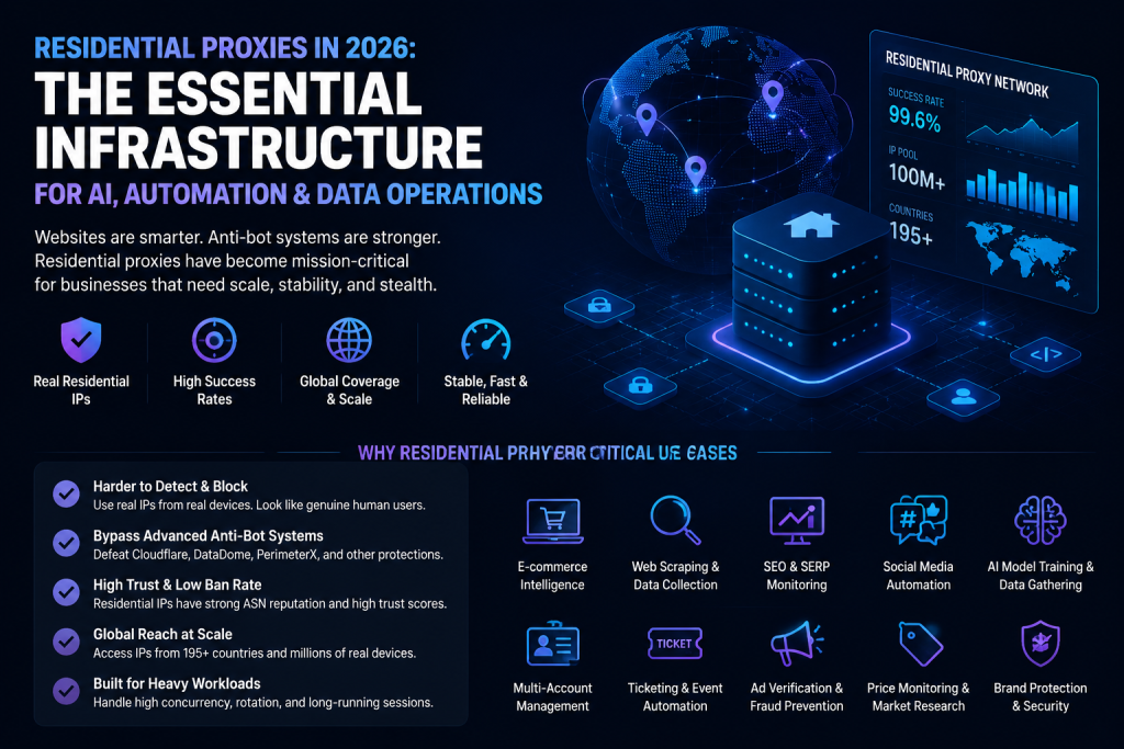 Futuristic infographic about residential proxies in 2026, highlighting their role in AI, automation, web scraping, SEO monitoring, data collection, and multi-account management. The image showcases global residential proxy infrastructure, high success rates, anti-bot bypass capabilities, stable connections, and scalable proxy networks designed for modern data operations.