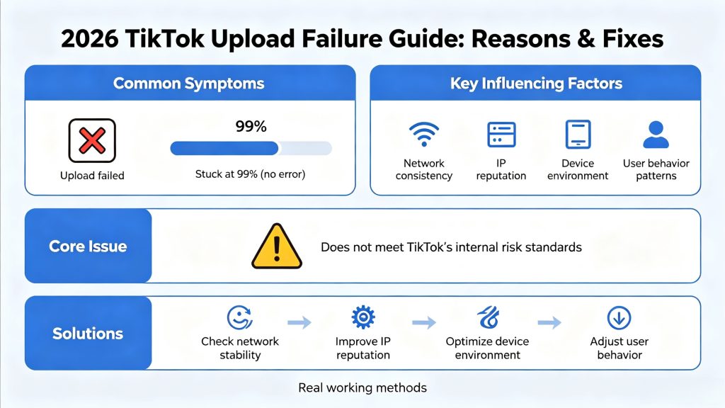 TikTok video upload failed or stuck at 99% fix guide banner, solve TikTok uploading issues with network IP and device environment settings