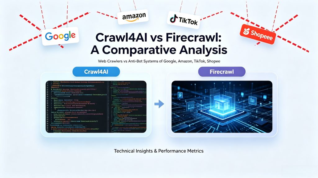 Crawl4AI vs Firecrawl comparison banner, modern web scraping anti-bot detection system and real user behavior simulation guide