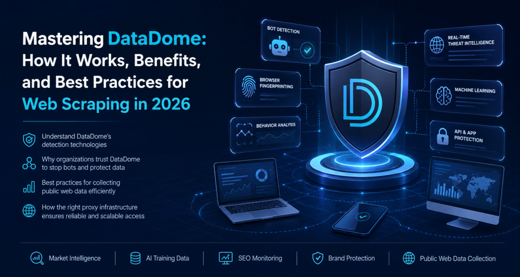 A futuristic tech-themed banner illustrating DataDome’s bot protection features for web scraping. The image shows a 3D shield logo with connected UI panels highlighting bot detection, browser fingerprinting, behavioral analysis, JavaScript validation, machine learning, API protection, and real-time threat intelligence. Icons and devices represent market intelligence, SEO monitoring, AI training, brand protection, and public web data collection.