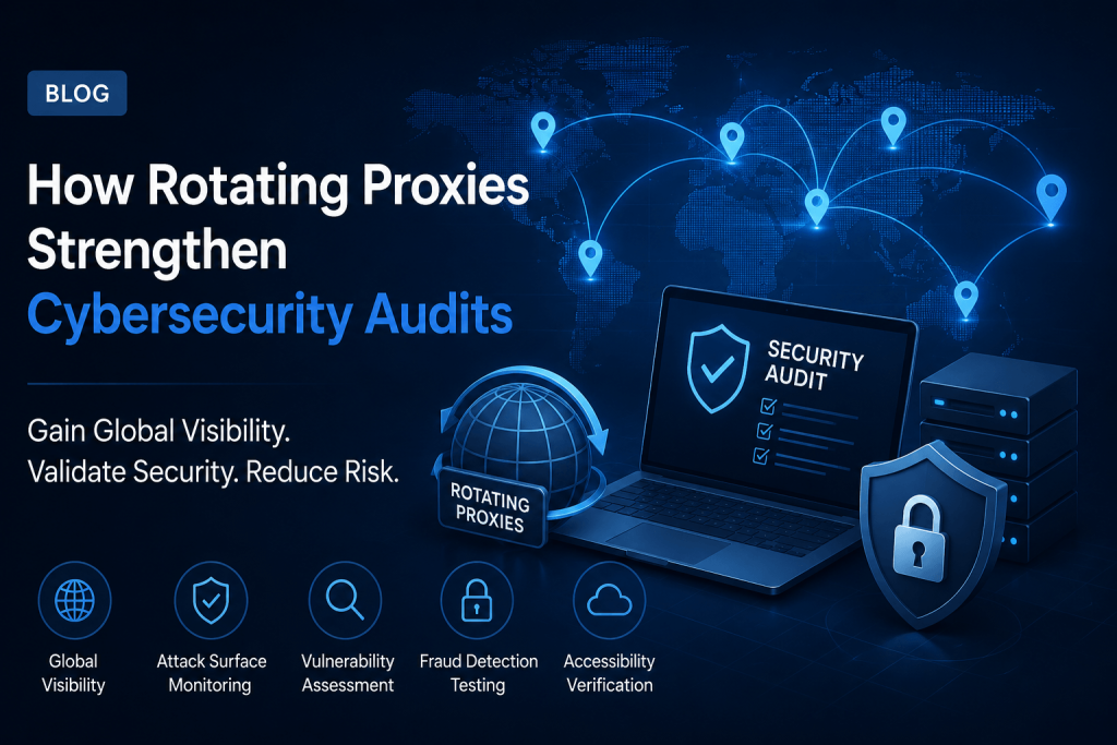 Modern cybersecurity blog hero image illustrating rotating proxies used for cybersecurity audits, with a global network map, security dashboard, and digital connection nodes.