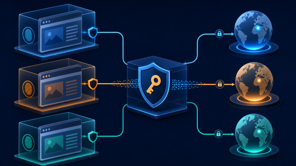 Playwright browser automation connected through authenticated proxy gateways with isolated browser contexts